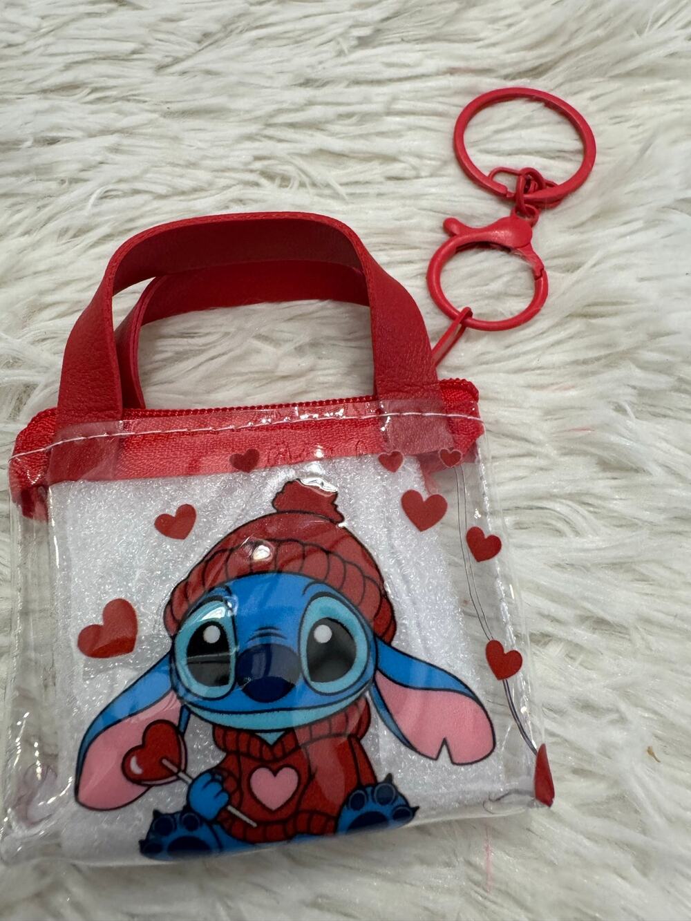 Stitch clear mini purse with red hearts zipper and keychain